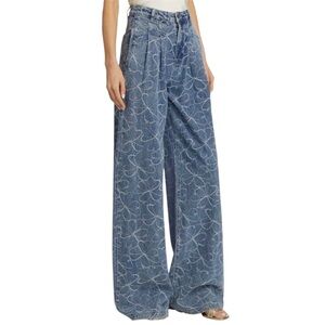Ramy Brook Adley Embroidered Wide Leg Jeans Indigo Pants Floral Denim Sz 16